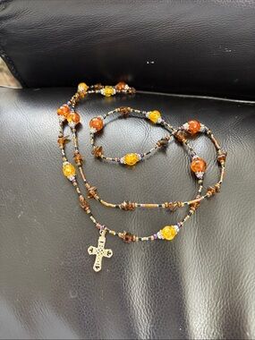 Natural Cognac Amber Gemstones Chips And Seed Beads Rosary
